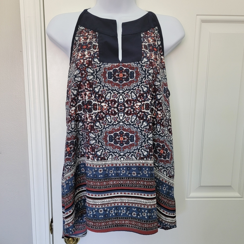 Athleta Medallion Dunes Tank Tassles Navy Burgandy All Over Print Size Medium